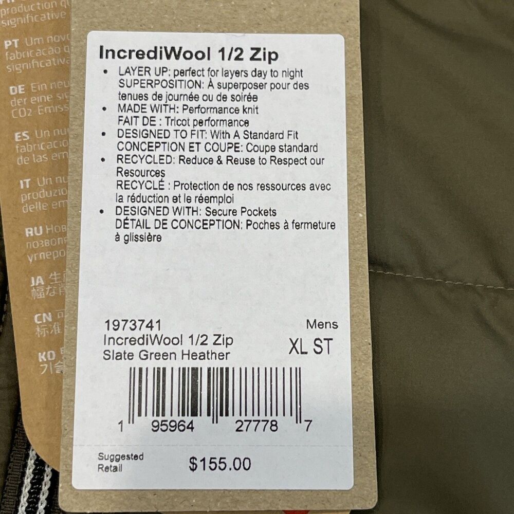 prAna NEW Mens XL Fleece 1/2 Zip Quilted Pullover Jacket Wool Blend Slate Green - Picture 14 of 15
